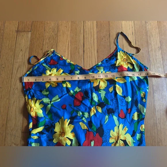 90s Vintage Bright Blue Floral Silk Slip Dress - Picture 7 of 8